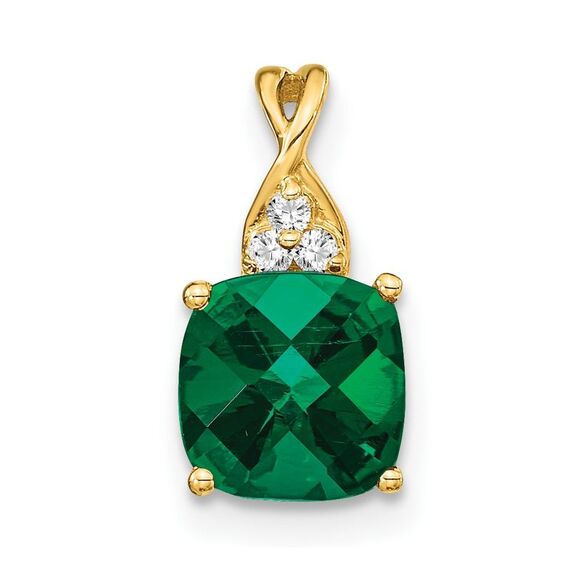 Kazi Luxury 14k Yellow Gold Checkerboard Created Emerald and Diamond Pendant